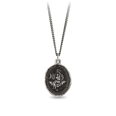 Sterling Silver Talisman Necklace depicting The Goddess of Night, Nyx, Laying atop a bat in a starry sky