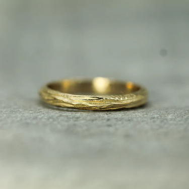 14k yellow gold hand carved tree inspired textured band