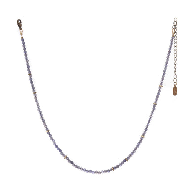 Oso Necklace, beaded gemstone strand with recycled brass beads asymmetrically spaced throughout.