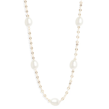 Glistening oval 14k gold links necklace with oval white pearls spaced throughout 