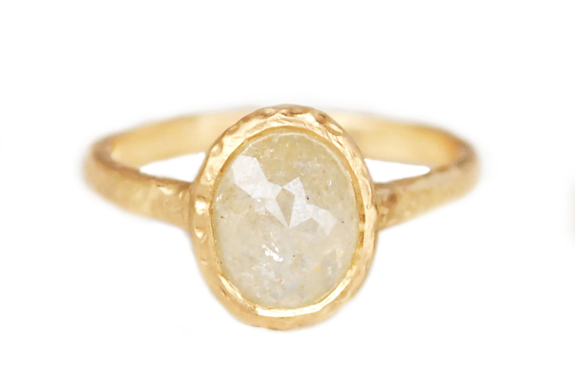 Oval hazy diamond solitaire in 14k yellow gold, with a hazy rustic rosecut diamond 1.89ct