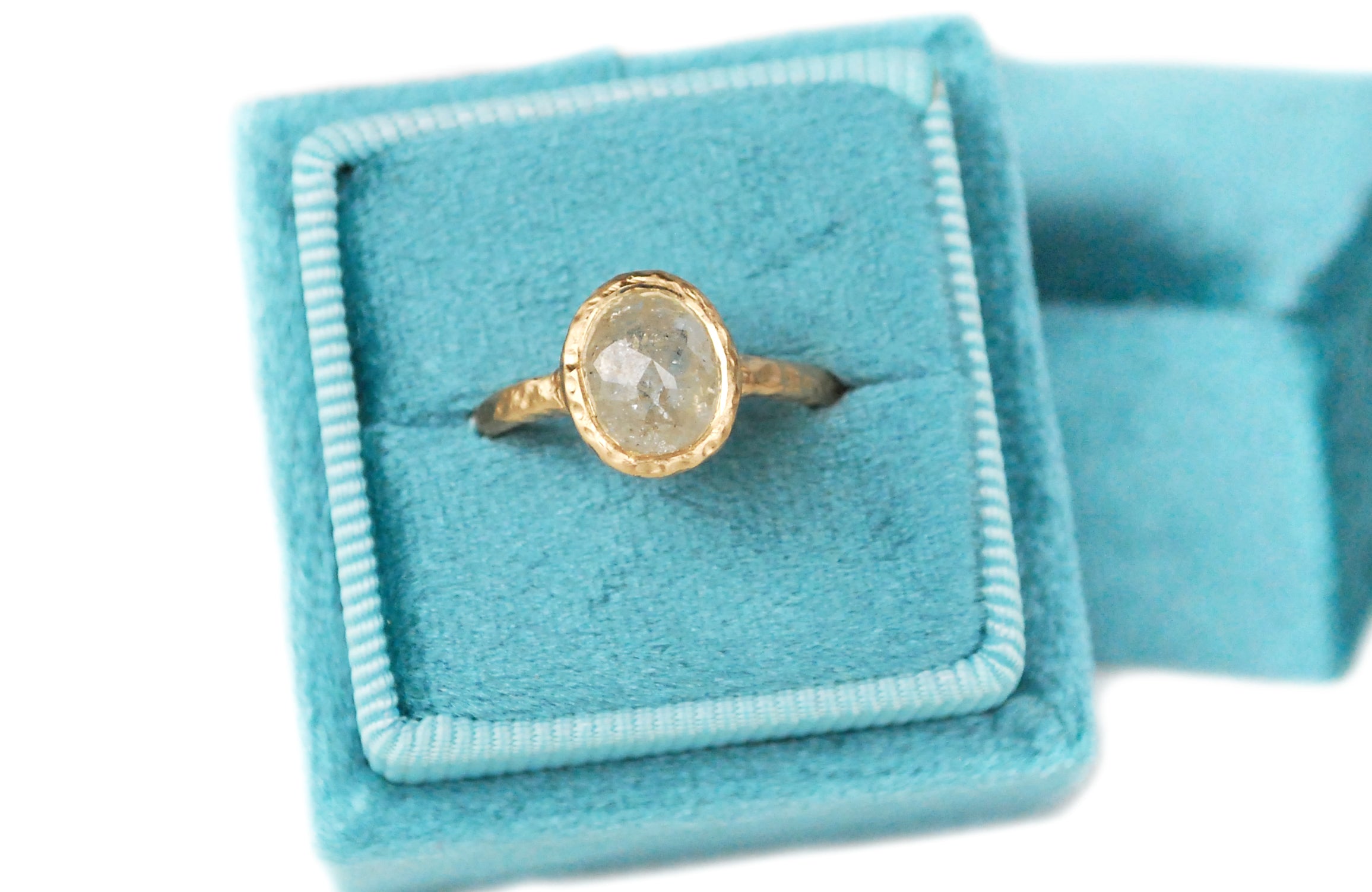 Oval hazy diamond solitaire in 14k yellow gold, with a hazy rustic rosecut diamond 1.89ct