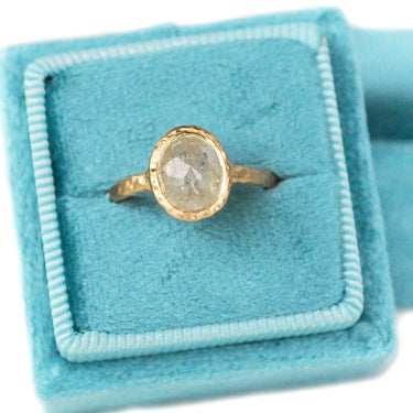Oval hazy diamond solitaire in 14k yellow gold, with a hazy rustic rosecut diamond 1.89ct