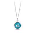 Sterling Silver Necklace with a bright blue background underneath a talisman depicting A Dove gleaming with light