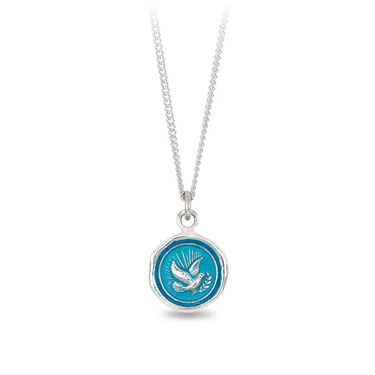 Sterling Silver Necklace with a bright blue background underneath a talisman depicting A Dove gleaming with light