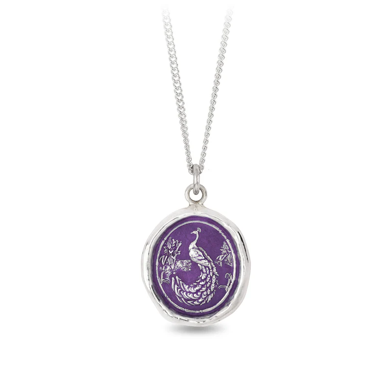 Sterling Silver necklace with a violet background under a talisman depicting a large peacock