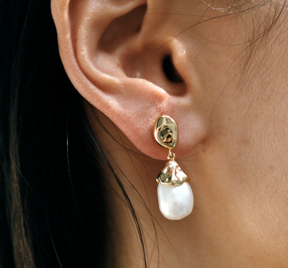 14k gold plated brass Freshwater pearl drop dangle earring with Gold vermeil ear posts | on model