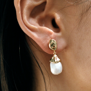 14k gold plated brass Freshwater pearl drop dangle earring with Gold vermeil ear posts | on model