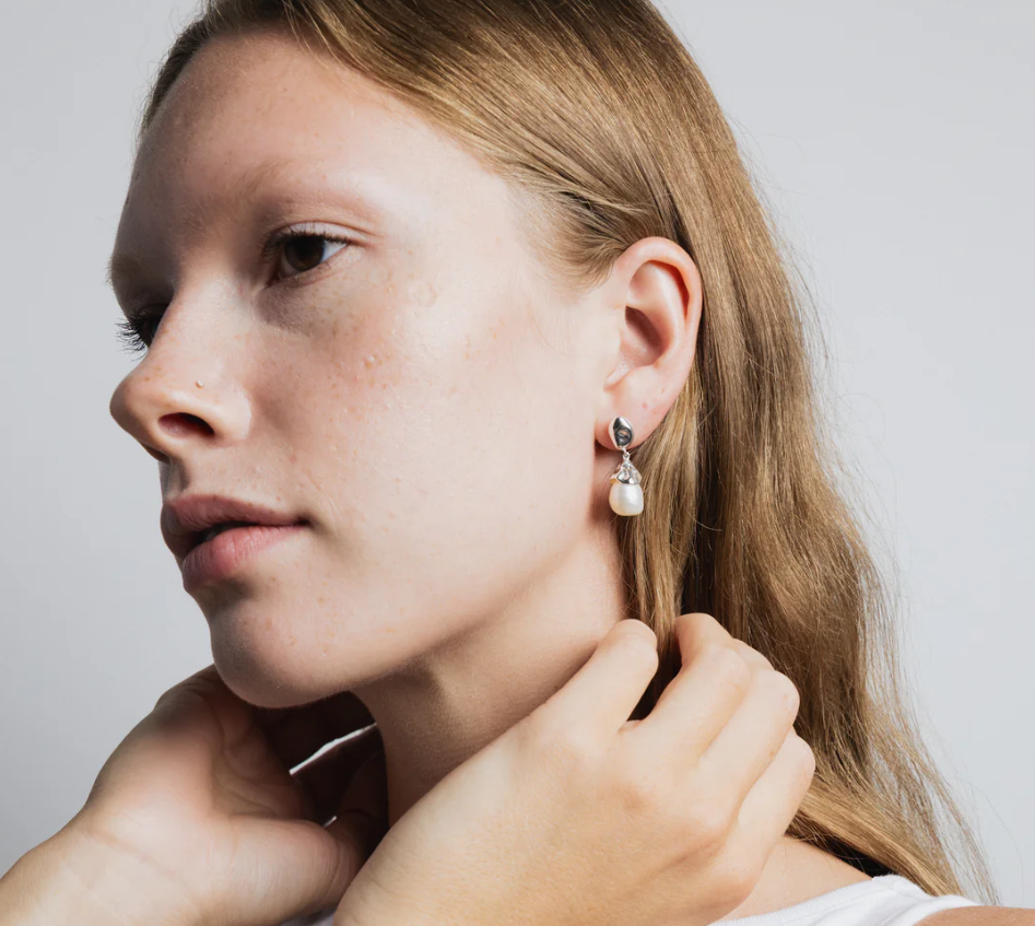 Sterling silver Freshwater pearl drop dangle earring with sterling silver ear posts | on model
