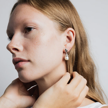 Sterling silver Freshwater pearl drop dangle earring with sterling silver ear posts | on model