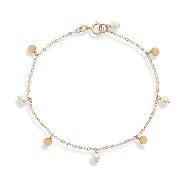 Gold Bracelet with Sweet baby pearls and light reflecting gold discs scatter evenly throughout a dainty 14k gold chain