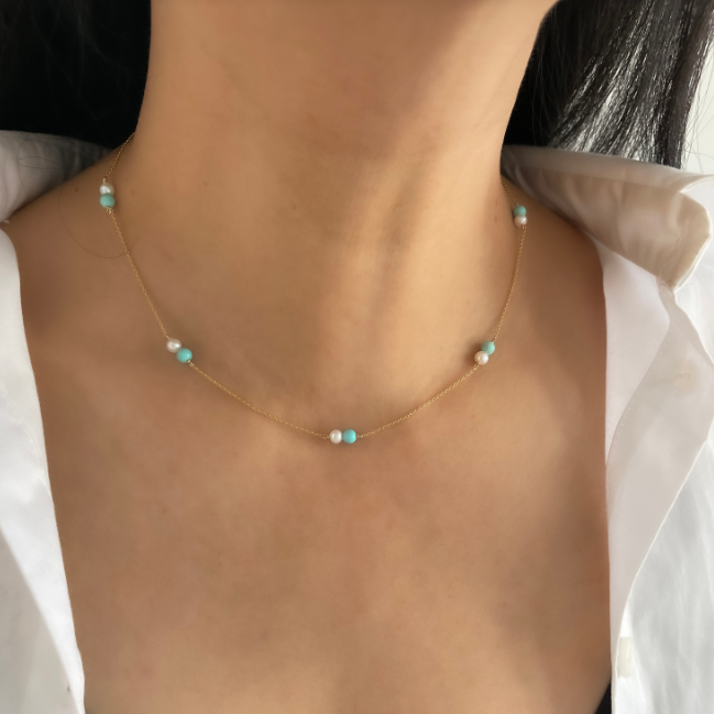 Pearl &amp; Turquoise Spaced Necklace