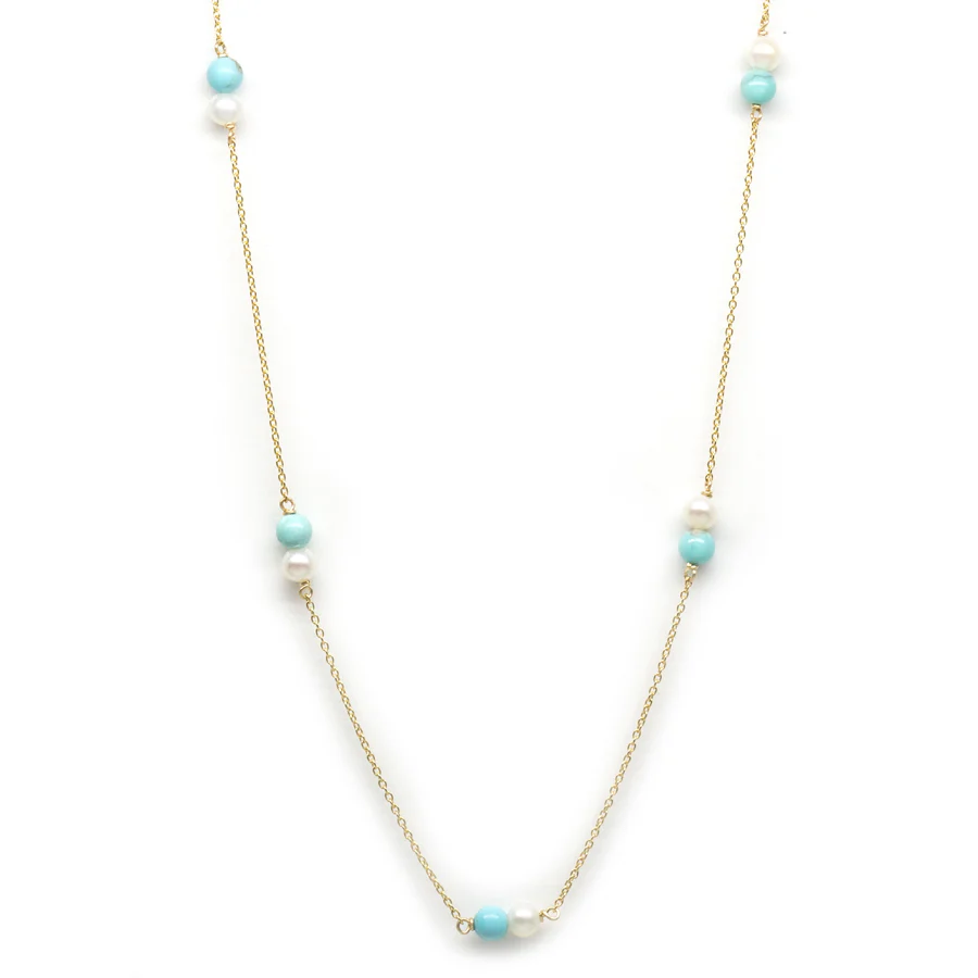 14k Yellow Gold Chain necklace with joined turquiouse beads and pearls strung along the necklace