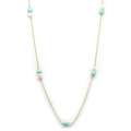 14k Yellow Gold Chain necklace with joined turquiouse beads and pearls strung along the necklace