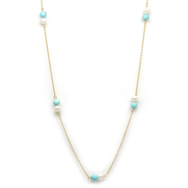 14k Yellow Gold Chain necklace with joined turquiouse beads and pearls strung along the necklace