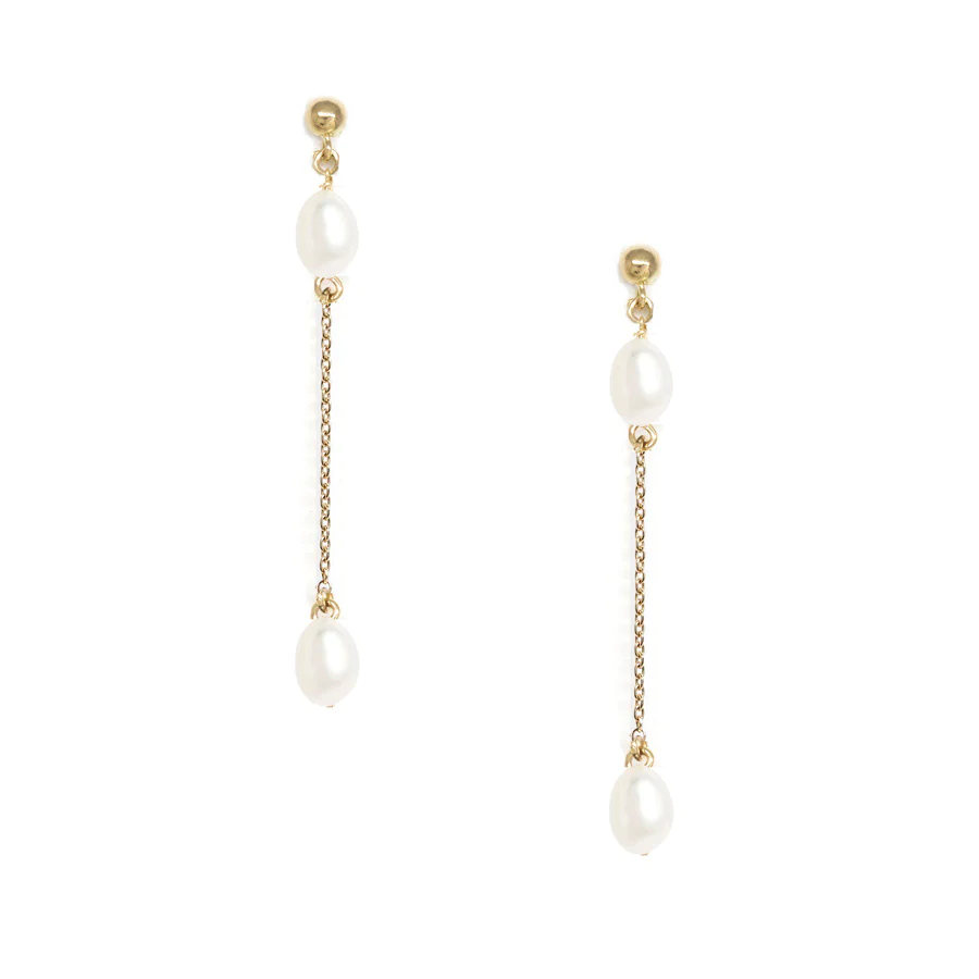 14k Yellow Gold Earrings withTiny oval pearls joined by a delicate solid gold chain