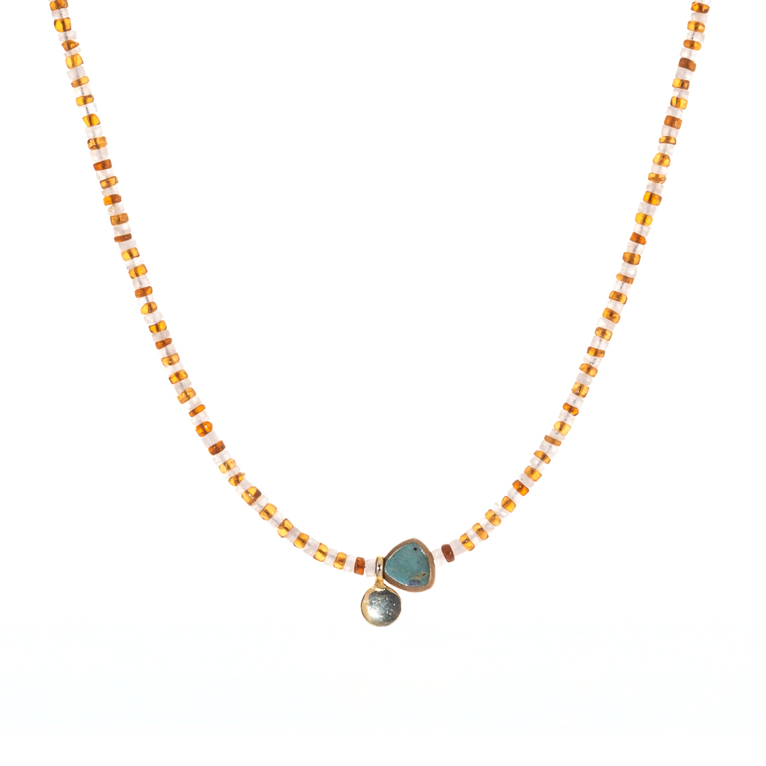  striped necklace showcasing Hessonite, Moonstone, brass-edged Turquoise triangle and 14K gold-plated brass coin pendant. 