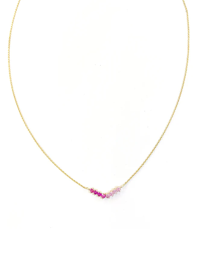 14k Yellow Gold Necklace with Pink sapphires studded at the base in the shape of a wide V