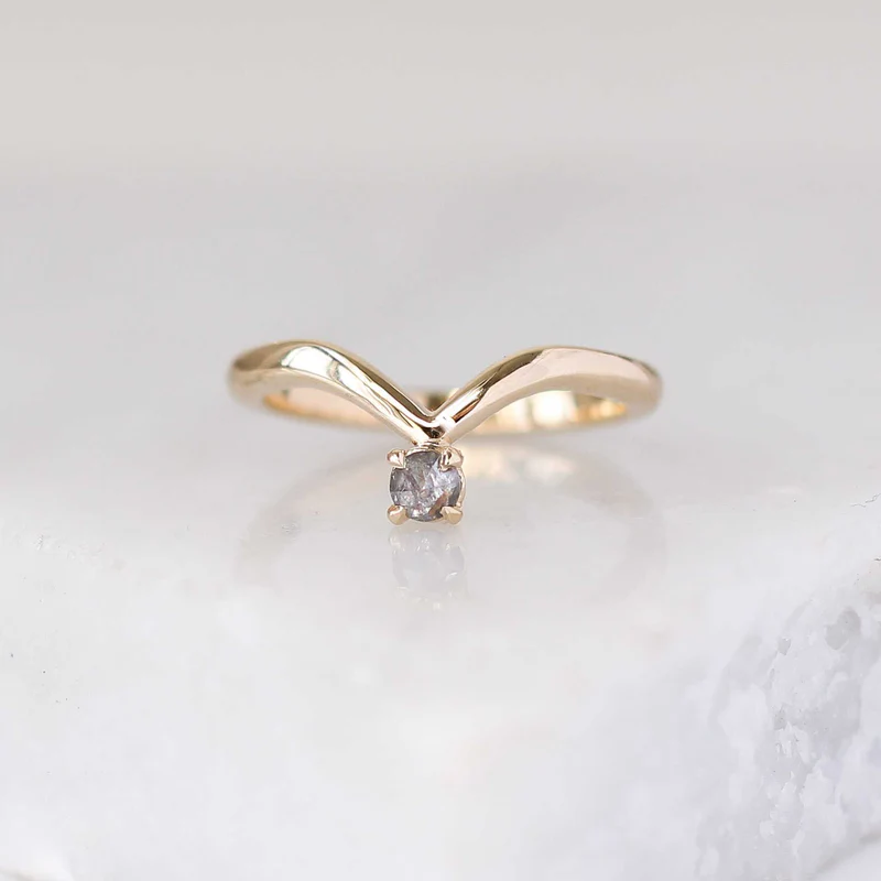 14k Yelllow Gold Pointed chevron contour band  set with a Rose Cut salt & pepper diamond 