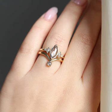 14k Yelllow Gold Pointed chevron contour band  set with a Rose Cut salt & pepper diamond  | on model