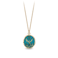 14k Yellow gold talisman necklace with a Bright blue background depicting a Phoenix rising from a bed of flames