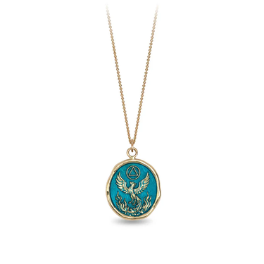 14k Yellow gold talisman necklace with a Bright blue background depicting a Phoenix rising from a bed of flames