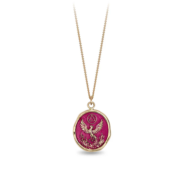 14k Yellow gold talisman necklace with a Bright red background depicting a Phoenix rising from a bed of flames