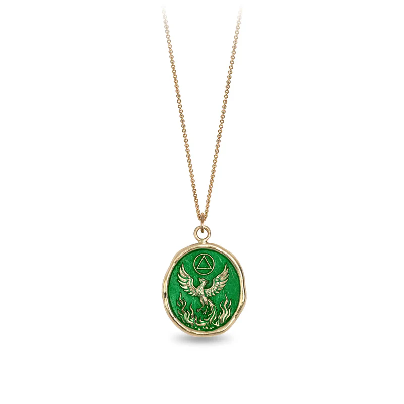 14k Yellow gold talisman necklace with a Bright Green background depicting a Phoenix rising from a bed of flames