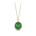 14k Yellow gold talisman necklace with a Bright Green background depicting a Phoenix rising from a bed of flames
