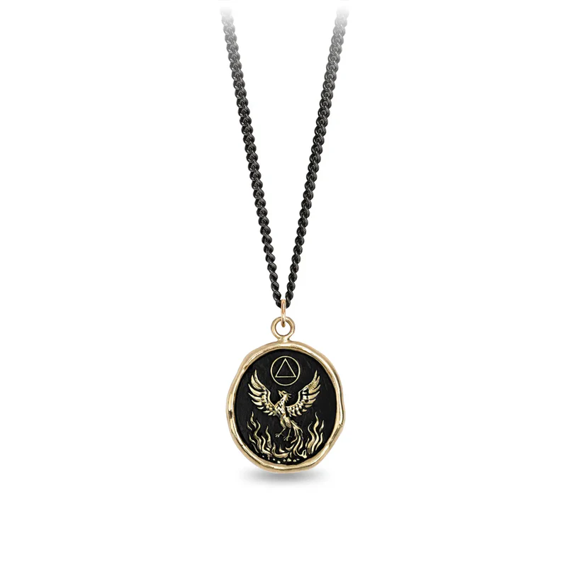 Black Sterling Silver necklace with a 14k yellow gold talisman depicting a Phoenix rising from a bed of flames