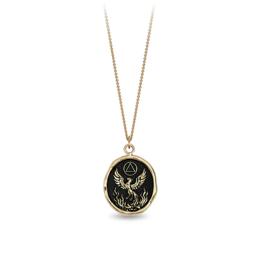 14k Yellow gold talisman necklace depicting a Phoenix rising from a bed of flames