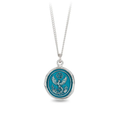 Sterling SIlver talisman necklace with a bright Blue background depicting a phoenix Rising up from a bed of flames