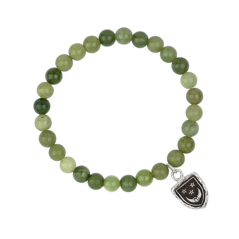 Green Jade Beaded Bracelet with a Sterling Silver talisman depicting A crescent moon below 3 stars