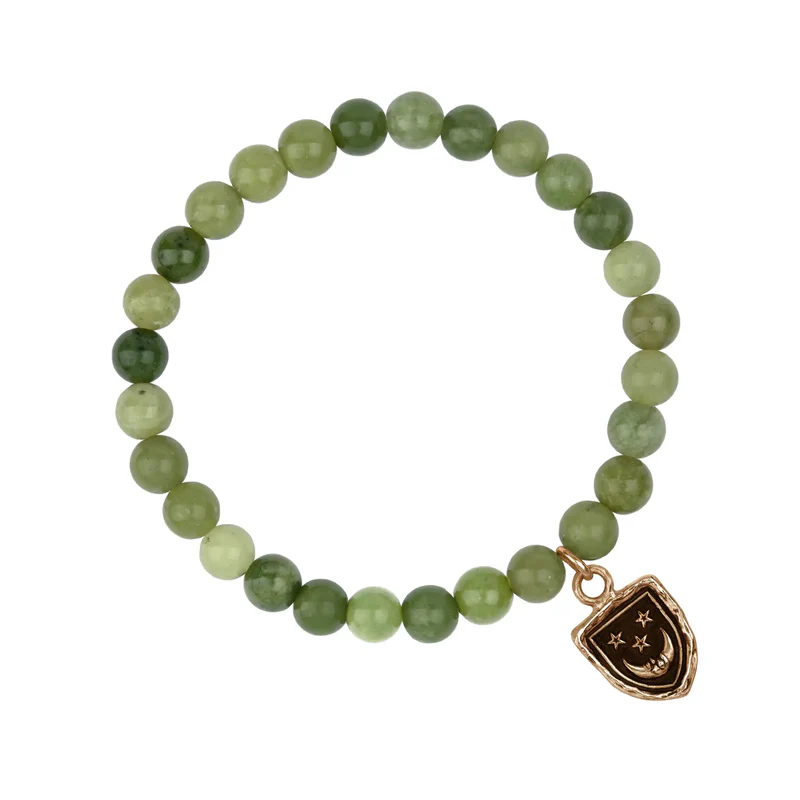 Green Jade Beaded Bracelet with a bronze talisman depicting A crescent moon below 3 stars