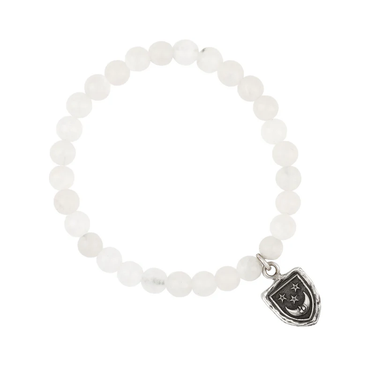 White Jade Beaded Bracelet with a Sterling Silver talisman depicting A crescent moon below 3 stars