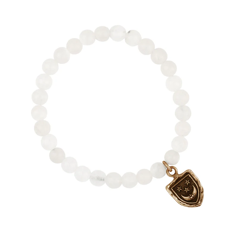 White Jade Beaded Bracelet with a bronze talisman depicting A crescent moon below 3 stars