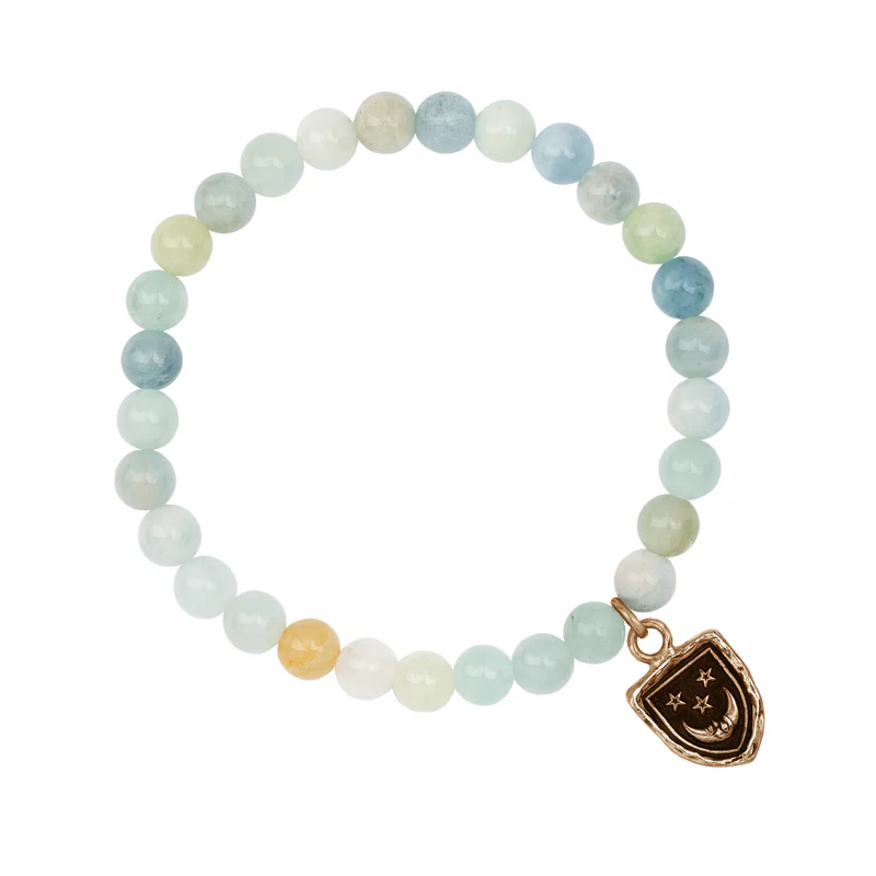 Sea toned Aquamarine Beaded Bracelet with a bronze talisman depicting A crescent moon below 3 stars