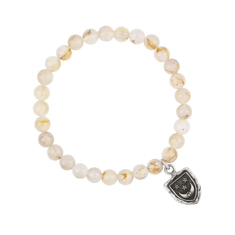 Rutilated Quartz Beaded Bracelet with a Sterling Silver talisman depicting A crescent moon below 3 stars