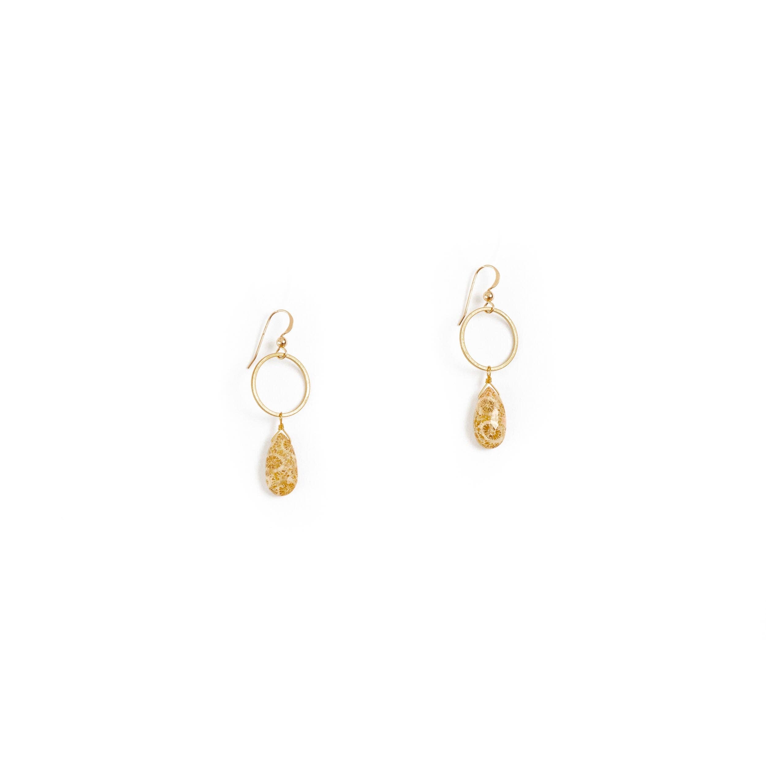 Rhea Earrings, featuring hand-cut stones and recycled brass with 14K gold-fill ear wires.