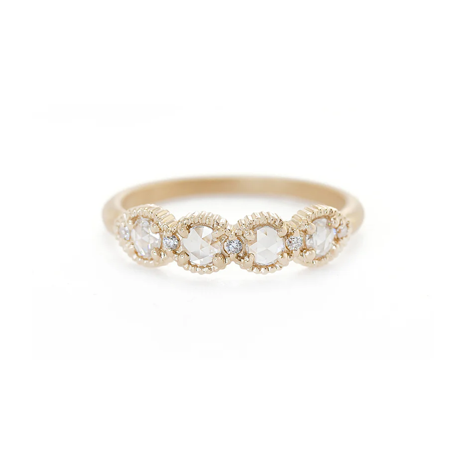 18K Yellow gold Ribbed Ring with 4 Rose Cut Diamonds