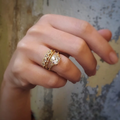 18k Yellow Gold Ribbed Ring with Rose Cut Diamonds | On Hand Model