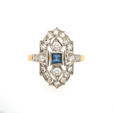 Magpie Vintage-18k Art Deco Style Diamond and Blue Sapphire Ring