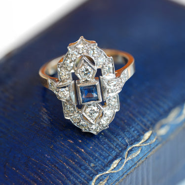 Magpie Vintage-14k Art Deco Style Diamond and Blue Sapphire Ring