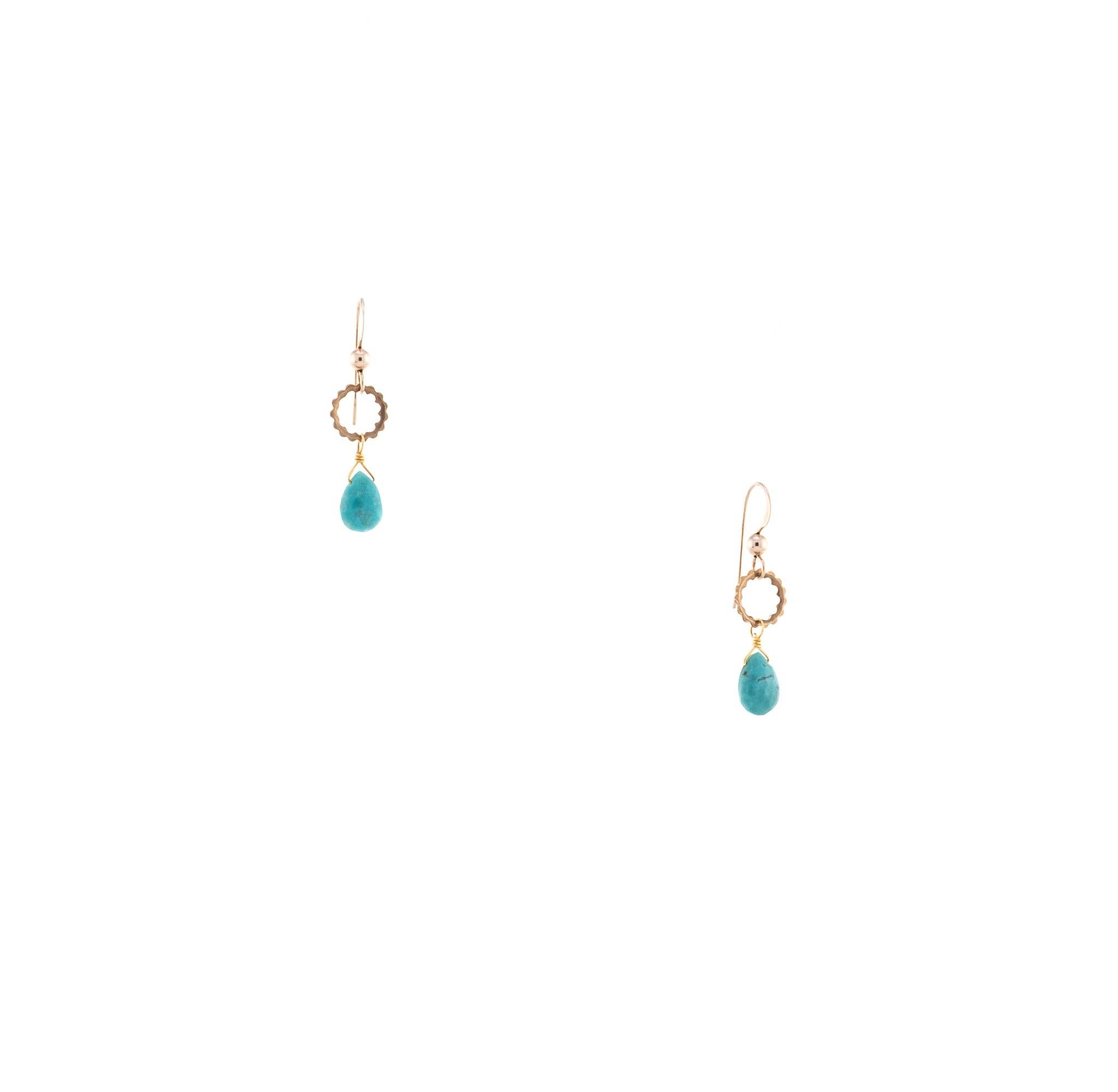 The Sidra Earrings feature hand-cut gemstones, recycled vintage brass textured rings, and 14K gold-fill earwires.