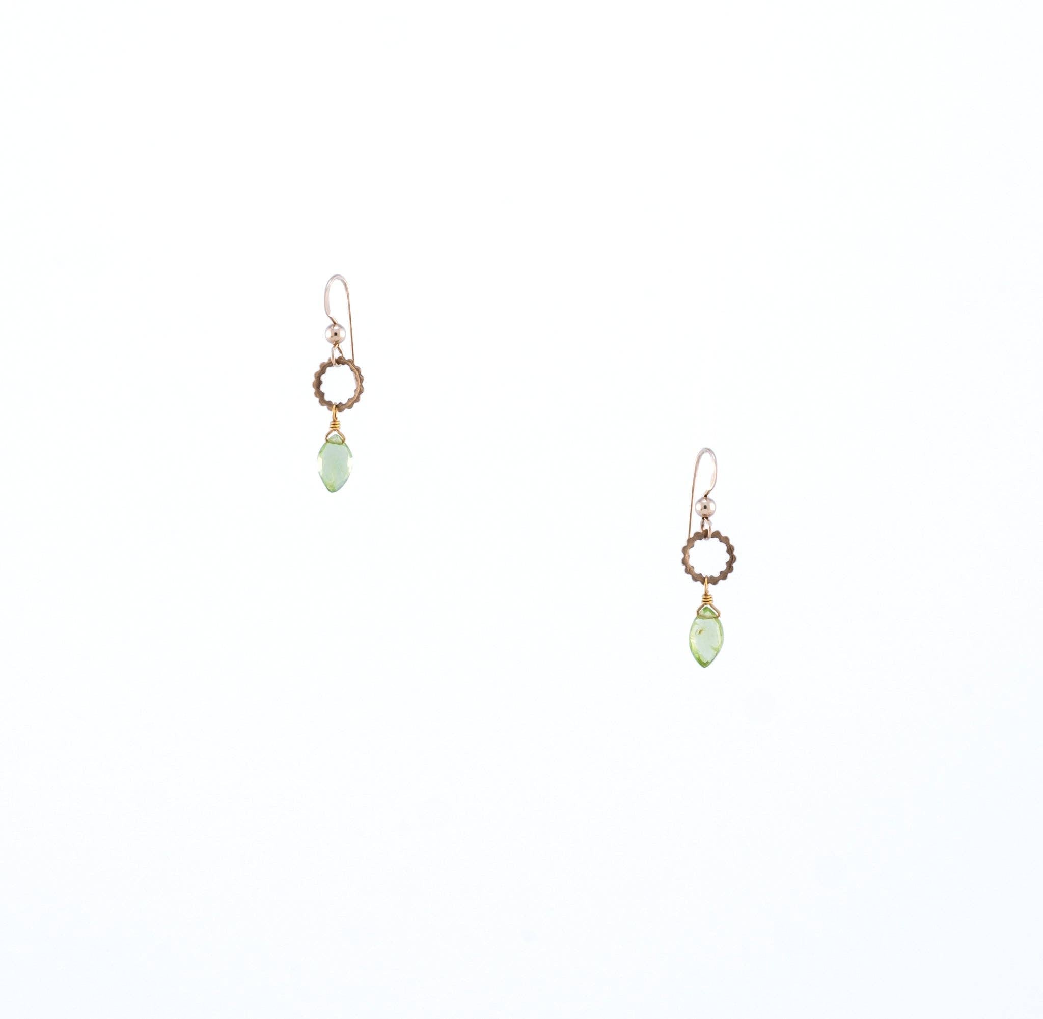 The Sidra Earrings feature hand-cut gemstones, recycled vintage brass textured rings, and 14K gold-fill earwires.