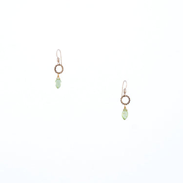 The Sidra Earrings feature hand-cut gemstones, recycled vintage brass textured rings, and 14K gold-fill earwires.