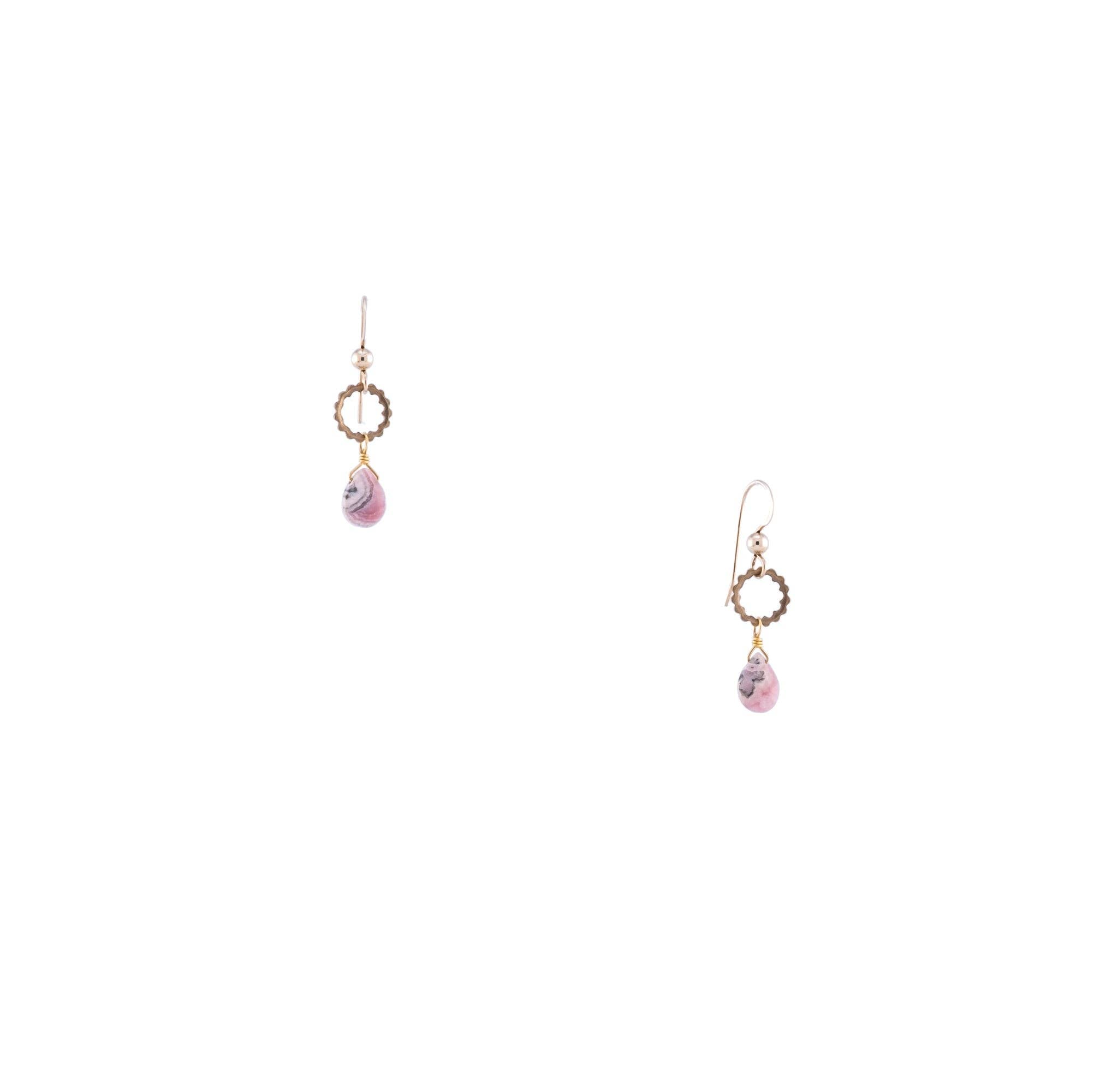 The Sidra Earrings feature hand-cut gemstones, recycled vintage brass textured rings, and 14K gold-fill earwires.