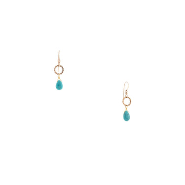 The Sidra Earrings feature hand-cut gemstones, recycled vintage brass textured rings, and 14K gold-fill earwires.