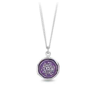 Sterling Silver necklace with a violet background under a talisman depicting a Birds next with 5 tiny birds egg sitting inside 