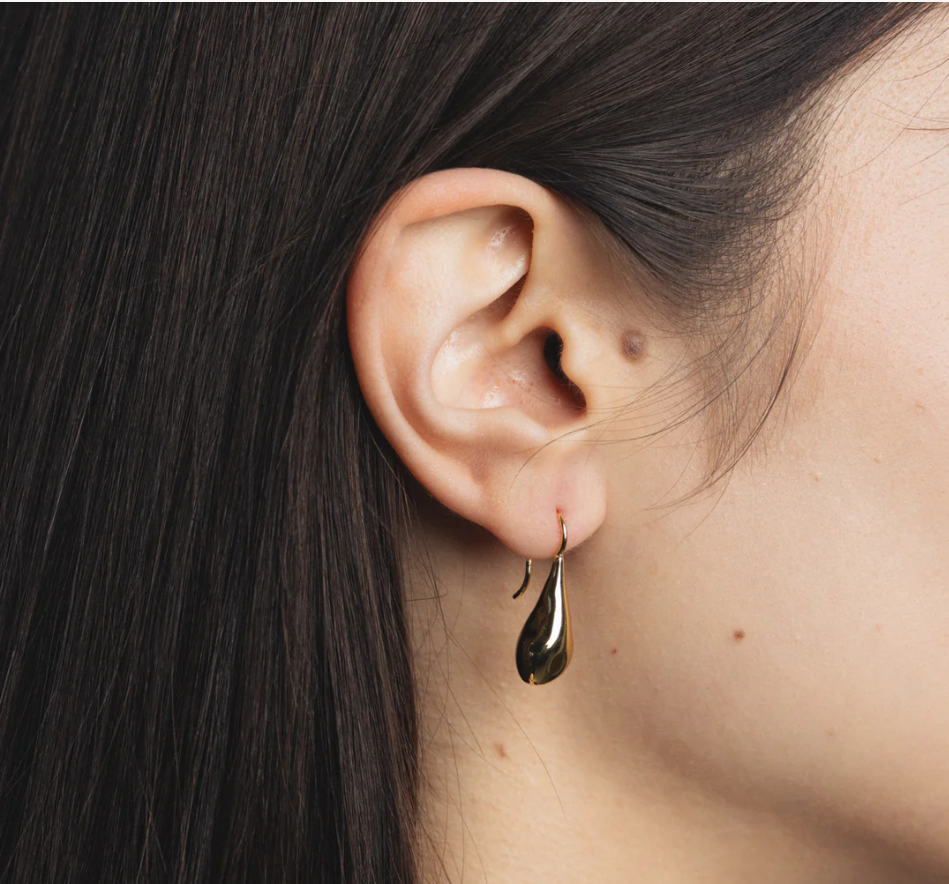 14k Gold Plated brass drop earrings with 14k yellow gold posts | On model